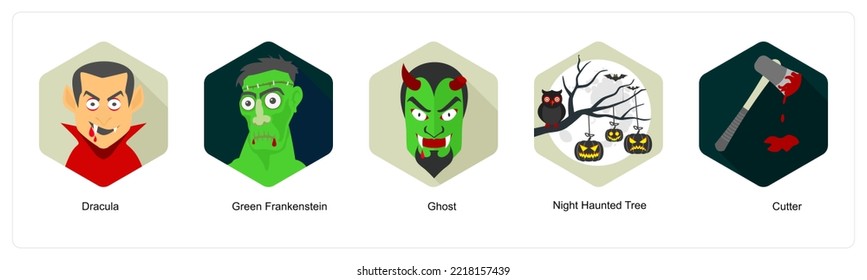 A set of 5 Halloween icons such as dracula, green frankstein