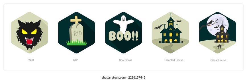 A set of 5 Halloween icons such as wolf, rip, boo ghost