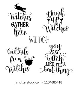 set of 5 halloween witch party hand lettering. For greeting cards, decoration, prints and posters. Hand drawn typography design elements.