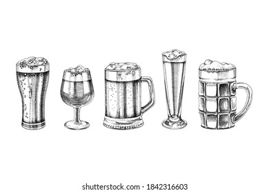 Set of 5 hand drawn beer glasses. Vector illustration in retro style