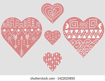 Set of 5 hand drawn boho tribal style hearts