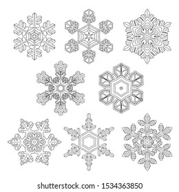 Set of the 5 hand drawn christmas snowflakes isolated on the white background. Monochrome page for adult and children coloring book. eps 10
