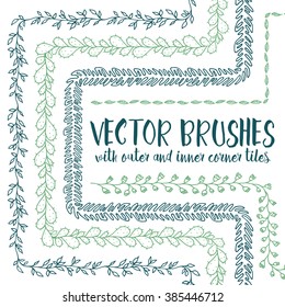 Set of 5 hand drawn vector pattern brushes with inner and outer corner tiles. Editable decorative elements for your design. Perfect for frames, dividers, borders, ornaments. Handmade ink illustration