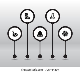 Set Of 5 Handcraft Icons Set.Collection Of Hosiery, Knitted Hat, Skein And Other Elements.