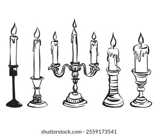 Set of 5 hand-drawn vector illustrations featuring vintage candles in trendy 2025 line art style. Perfect for holiday decorations, greeting cards, home decor, and candle-themed designs.