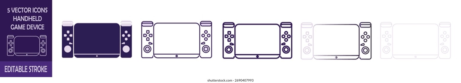 Conjunto de 5 ícones de vetor de dispositivo de jogo de mão com traço editável em fundo transparente