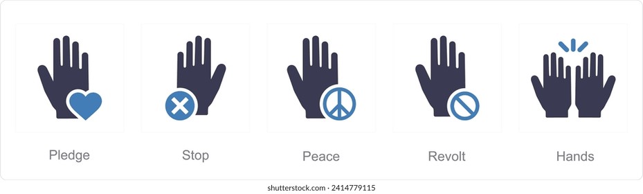 A set of 5 Hands icons as pledge, stop, peace