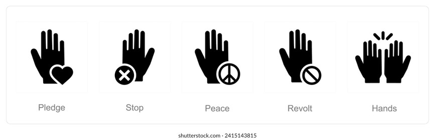 A set of 5 Hands icons as pledge, stop, peace