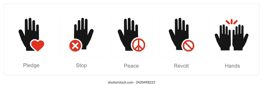 A set of 5 Hands icons as pledge, stop, peace