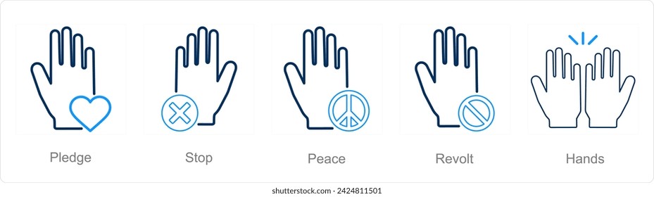 A set of 5 Hands icons as pledge, stop, peace