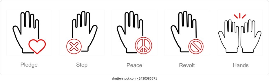 A set of 5 Hands icons as pledge, stop, peace