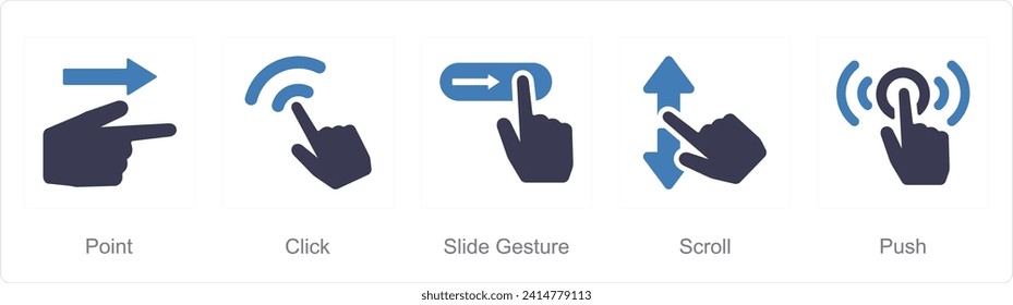 Un conjunto de 5 iconos de manos como punto, clic, gesto de diapositiva, desplazamiento
