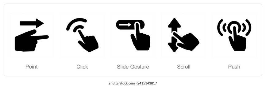 A set of 5 Hands icons as point, click, slide gesture, scroll