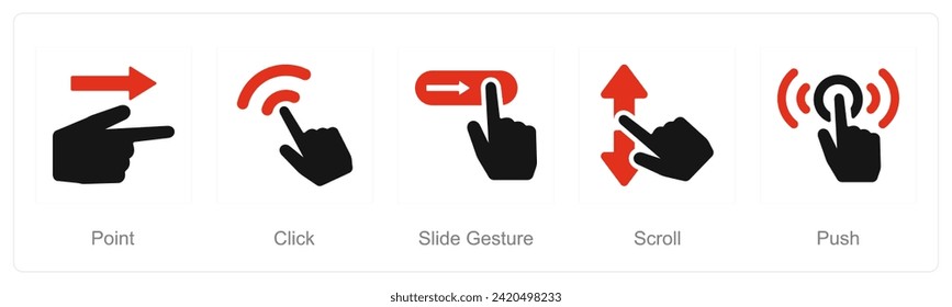 A set of 5 Hands icons as point, click, slide gesture, scroll