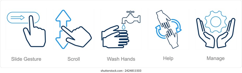 A set of 5 Hands icons as slide gestures, scroll, wash hands