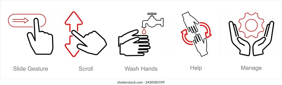 A set of 5 Hands icons as slide gestures, scroll, wash hands