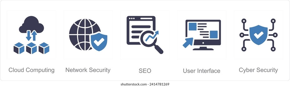 A set of 5 Hard Skills icons as cloud computing, network security, seo