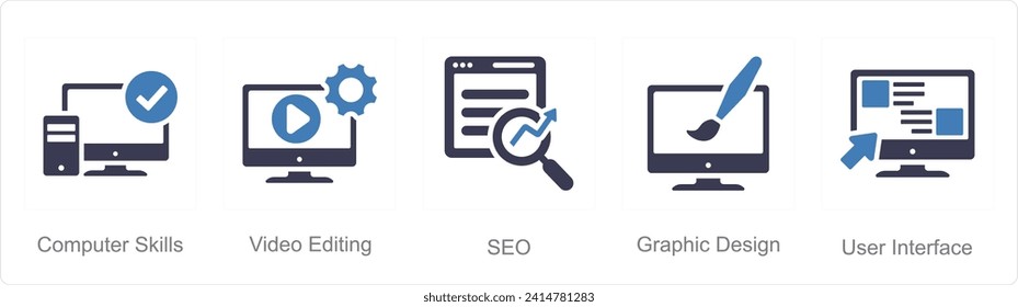 A set of 5 Hard Skills icons as computer skills, video editing, seo