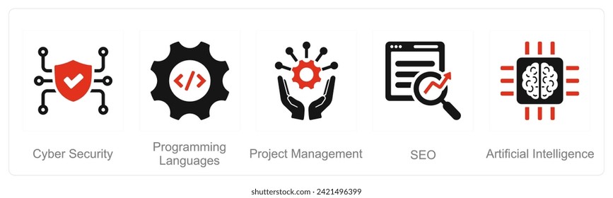 A set of 5 Hard Skills icons as cyber security, programming languages, project management