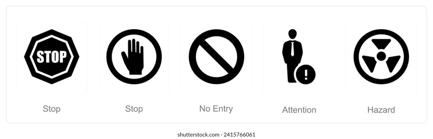 A set of 5 Hazard Danger icons as stop, no entry, attention