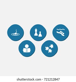 Set Of 5 Hobbie Icons Set.Collection Of Jigsaw, Learning, Rod And Other Elements.