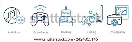 A set of 5 Hobby icons as add music, video game, cooking