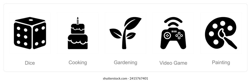 A set of 5 Hobby icons as dice, cooking, video game