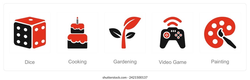 A set of 5 Hobby icons as dice, cooking, video game