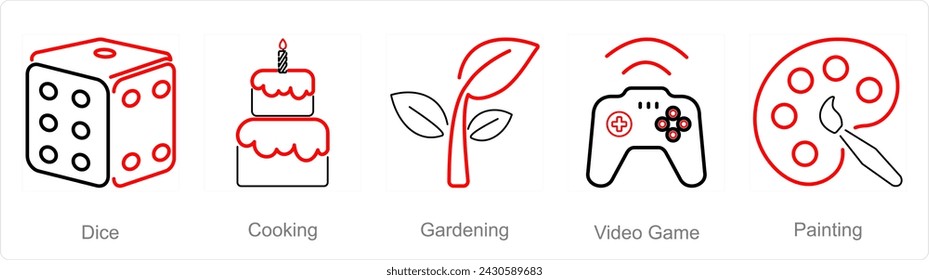 A set of 5 Hobby icons as dice, cooking, video game