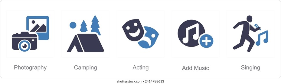 A set of 5 Hobby icons as photography, camping, acting