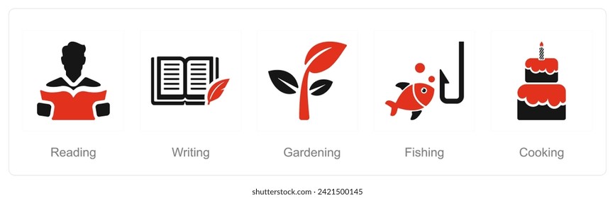 A set of 5 Hobby icons as reading, writing, gardening