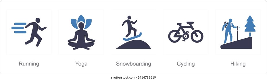 A set of 5 Hobby icons as running, yoga, snowboarding