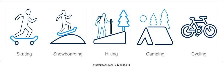A set of 5 Hobby icons as skating, snowboarding, hiking