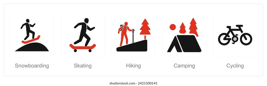 A set of 5 Hobby icons as snowboarding, skating, hiking