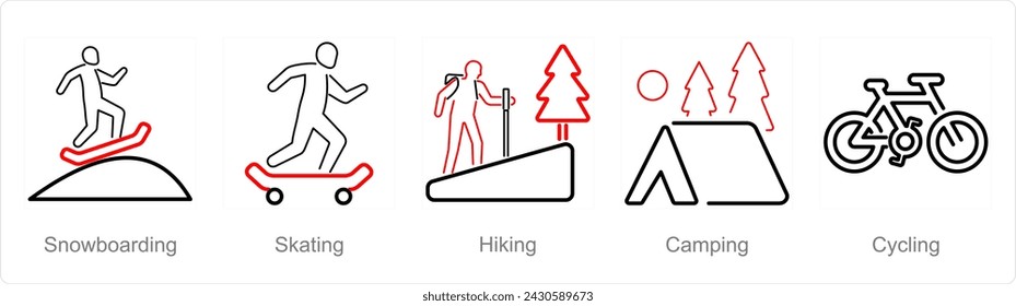 A set of 5 Hobby icons as snowboarding, skating, hiking