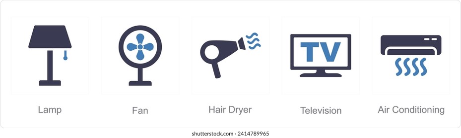 A set of 5 Home Appliance icons as lamp, fan, hair dryer