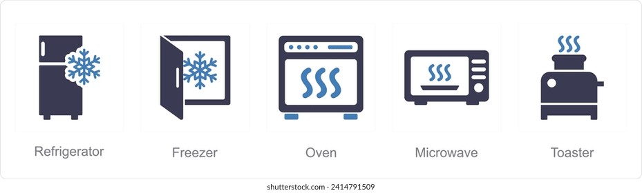 A set of 5 Home Appliance icons as referigerator, freezer, oven