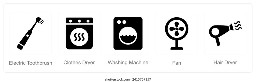 Un conjunto de 5 iconos de Home Appliance como cepillo de dientes eléctrico, secador de ropa, secador de pelo