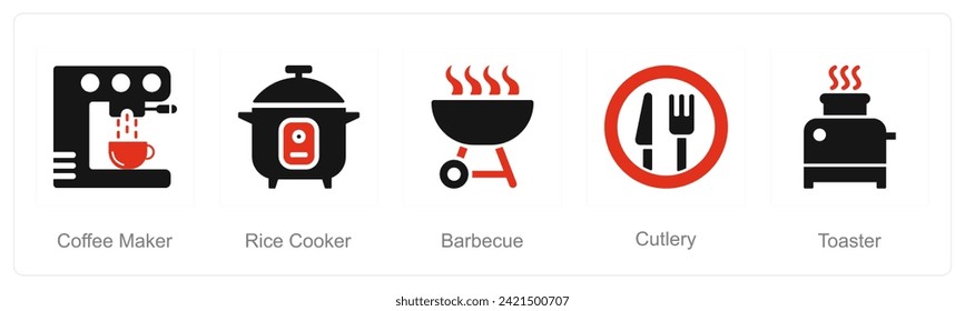 A set of 5 Home Appliance icons as coffee maker, rice cooker, barbecue