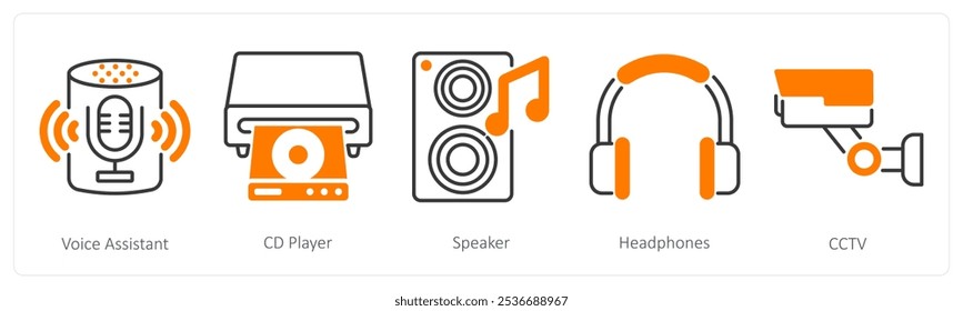 Um conjunto de 5 ícones dos Home Appliances como assistente de voz, reprodutor de CDs, alto-falante