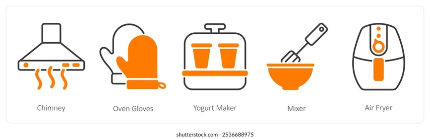 A set of 5 Home Appliances icons as chimney, oven gloves, yoghurt maker