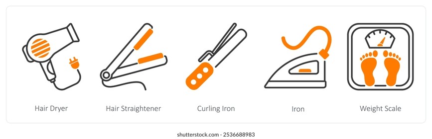 A set of 5 Home Appliances icons as hair dryer, hair straightener, curling iron