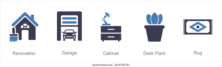 A set of 5 Home Interior icons as renovation, garage, cabinet