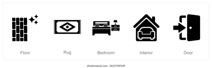 Un conjunto de 5 íconos del interior del hogar como suelo, alfombra, dormitorio
