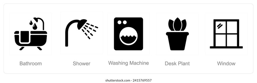 A set of 5 Home Interior icons as bathroom, shower, washing machine