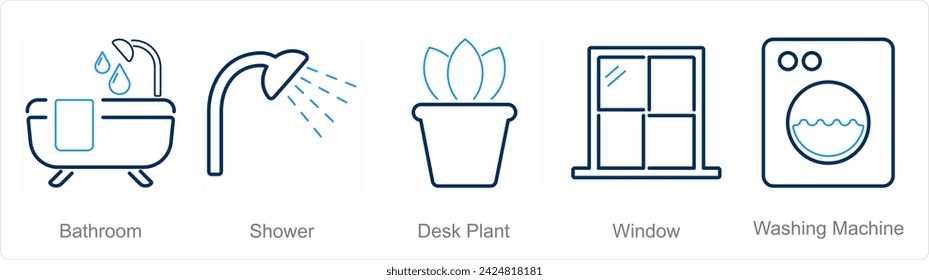 A set of 5 Home Interior icons as bathroom, shower, desk plant
