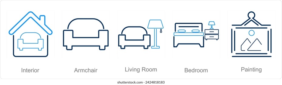 A set of 5 Home Interior icons as interior, armchair, living room