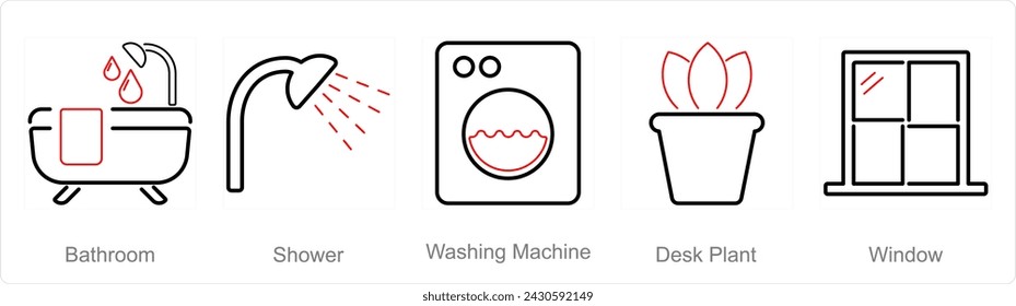 A set of 5 Home Interior icons as bathroom, shower, washing machine