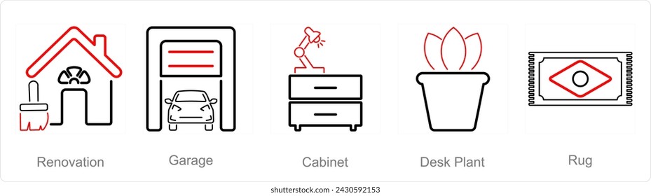 A set of 5 Home Interior icons as renovation, garage, cabinet