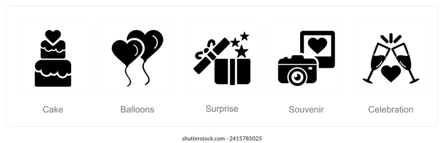 A set of 5 Honeymoon icons as cake, balloons, surprise